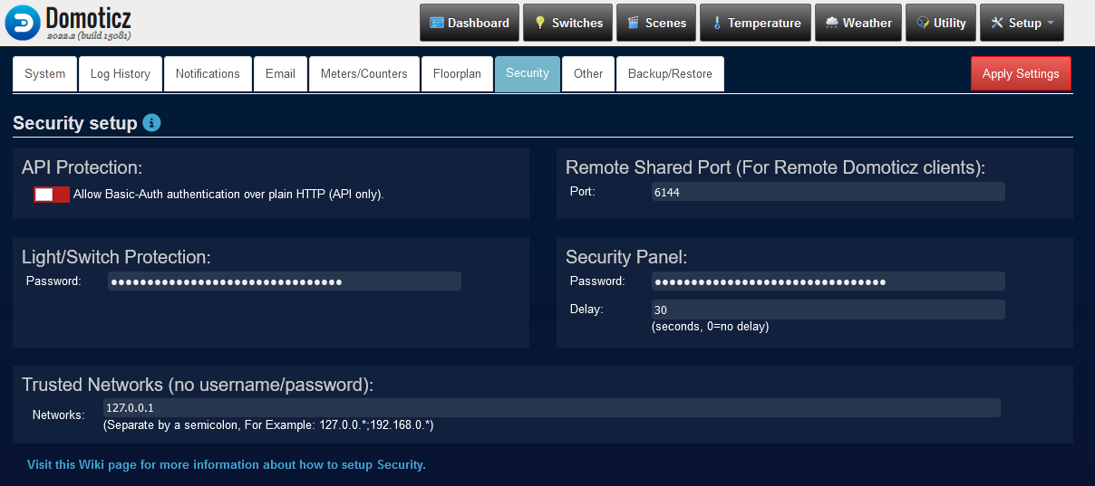 Security-tab of the Settings screen