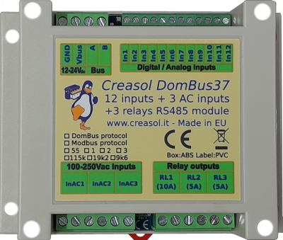 DomBus37 domotic module with 12 inputs, 3 AC inputs, 3 relay outputs