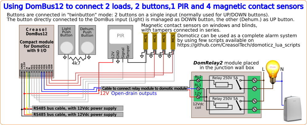 Application note: using DomBus12 with alarm sensors, pushbuttons and external relays (Creasol DomRelay2)