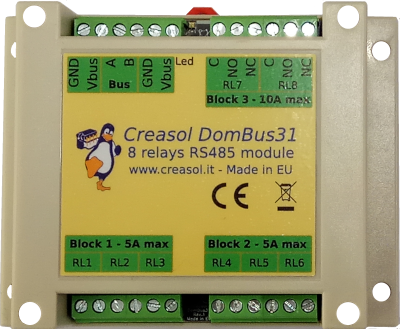 Creasol DomBus31 8 relays RS485 din-rail module